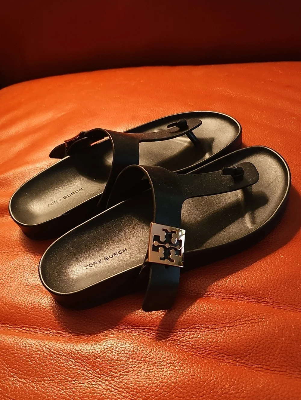 Tory Burch Black Logo Thong Sandals with Gold Plaque